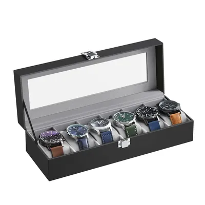 Produktbild von SONGMICS Box na hodinky pro 6 hodinek, pouzdro na hodinky se skleněným víkem, pouzdro na hodinky se zámkem
