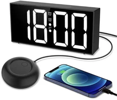 Obrázok produktu pre Budík s vibráciami a indikátorom rýchlosti – 3-stupňový alarm – veľký LED displej (7,4 palca) – dizajn s efektom zrkadla – s možnosťou stmievania – pre osoby so sluchovým postihnutím – vibračný alarm