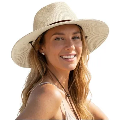 Produktbild von Damen Sonnenhut - Cremefarben– Geflochtener Strandhut – Strohhut mit UV-Schutz UPF 80+ – Verstellbar & Faltbar – Windkordel – 55–58 cm