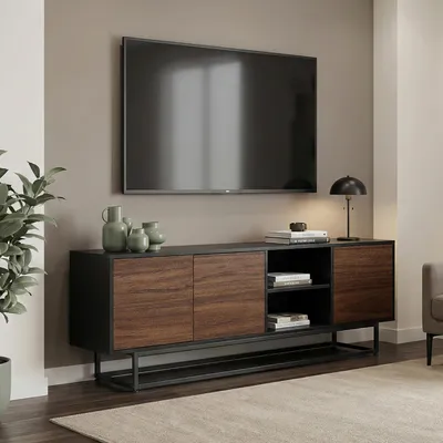 Zdjęcie produktu dla Niska szafka „Boxholm” z 3 drzwiami Push-to-Open 160 x 30 x 57 cm Czarny / wygląd orzechowy