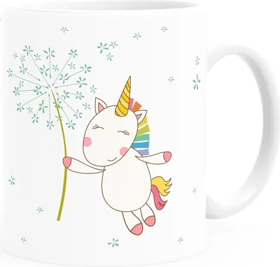 Produktbild von Kunstofftasse Kinder Einhorn mit Pusteblume Unicorn Dandelion Geschenk für Mädchen MoonWorks® weiß Kunstoff-Tasse