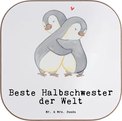 Produktbild von Mr. & Mrs. Panda Untersetzer für Gläser Pinguin Beste Halbschwester der Welt - Weiß - Geschenk, Tochter, Kleinigkeit, Liebe, Kaffee, Coaster, Tassen, Geschenkidee, Kinder