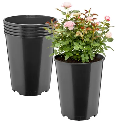 Produktbild von Garronda Set mit 5 runden Kunststoff-Pflanztöpfen mit Drainagelöchern für den Garten, Schwarz, Ø 22 x 25,5 cm (7 l) GD-KW-RR