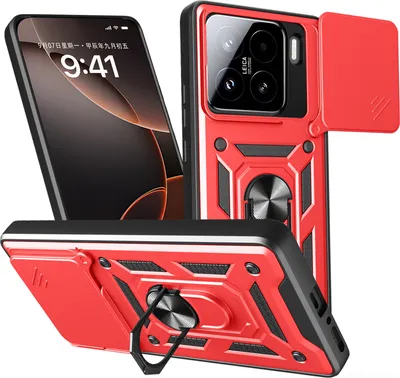 A red phone case with a ring holder and camera cover is displayed from multiple angles, with a phone screen visible in the background.