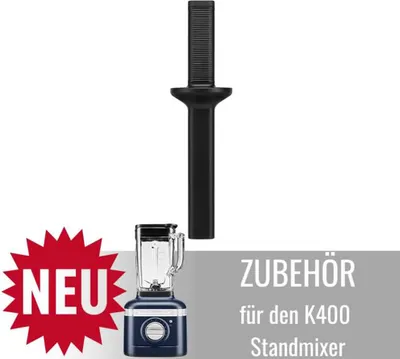 A product shot of a blender accessory and a blender, with marketing text.