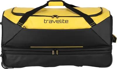 A yellow and black rolling travel bag.