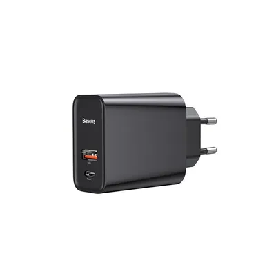 A black Baseus brand wall charger with two ports.