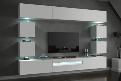A modern white TV stand and wall-mounted cabinets with integrated LED lighting.