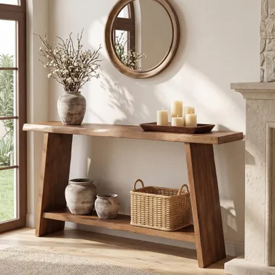 Image de Table console Tribesigns en bois massif, 160 cm avec compartiment de rangement, table console étroite à deux niveaux pour le couloir, l'entrée et le salon, marron