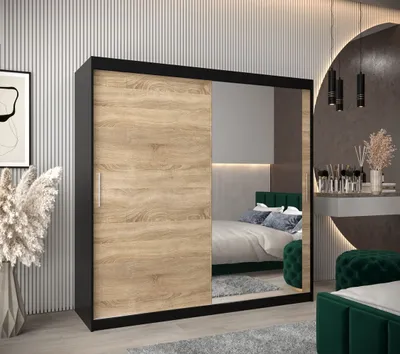 Produktbild von Schwebetürenschrank mit einer Breite von 200 cm TIMEA 2 – Schwarz / Eiche Sonoma