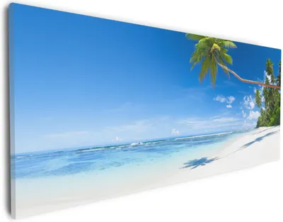 Produktbild von Wallario Premium Leinwandbild Weißer Sandstrand am Meer - Ein Traum unter Palmen in Größe 30 x 75 cm