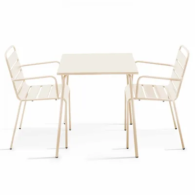 Produktbild von Bistrogartentisch und 2 Sessel aus pulverbeschichtetem Stahl Beige - Oviala Palavas