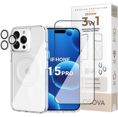 Productafbeelding van iPhone 15 Pro hoesje met MagSafe-functie van Osova + 5D-glas + bescherming voor de camera – 3-in-1 set