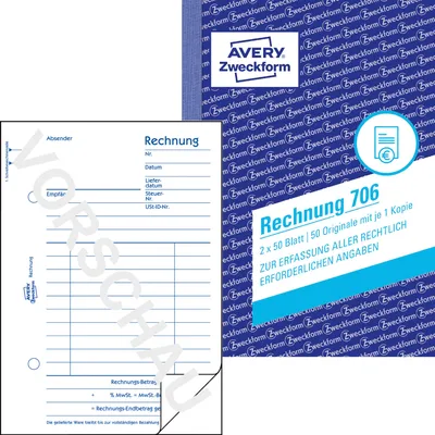 Produktbild von Avery Zweckform 706, Rechnung, A6, mit Blaupapier, 2x50 Blatt