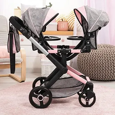 Produktbild von Twin XEO Zwillingspuppenwagen mit Tasche und Sonnendach, integriertem Korb, höhenverstellbarem Griff, Schwenkschieber, einzeln einsetzbaren Sitzen und schwenkbaren Vorderrädern
