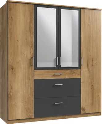 Produktbild von Kleiderschrank "Click" aus Spanplatte in Plankeneiche-Nachbildung mit 3 Schubladen und 4 Türen. Abmessungen (B/H/T) 180x198x58 cm