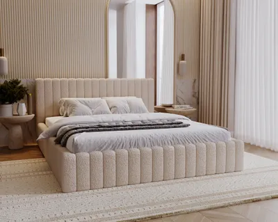 Produktbild von Polsterbett 180x200 cm Billo - Doppelbett mit Lattenrost & Bettkasten - Designer-Bett, Bouclé-Stoff (Beige - Anthology 3)