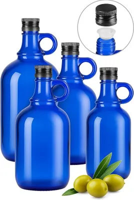 Produktbild von Blaue Glasflasche 1 L mit Ausgießer & Schraubverschluss – Vorrats-Flasche für Öl, Essig, Likör & Getränke (4x 1L)