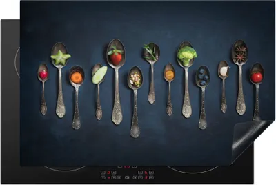 Produktbild von KitchenYeah© Herdabdeckplatte Kräuter - Löffel - Silber - Gewürze - Industriell , 81x52cm, Küche Deko, Glaskeramikkochfeld Herdabdeckung, Abdeckplatte fùr Kochfeld