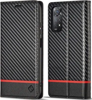 Produktbild von Hülle für Xiaomi Redmi Note 11s /Note11 4G Kohlefaser Leder Brieftasche Schutzhülle mit Standfunktion Schwarz Horizontal Rot