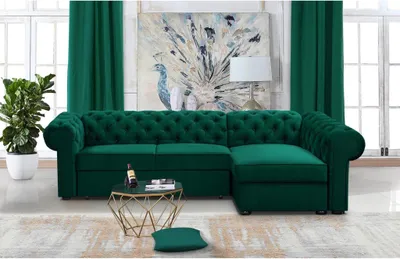 Image de Canapé d'angle en L Chester XL Canapé d'angle en L avec fonction de couchage et canapé-lit Chester XL Canapé de style champêtre, tissu : kronos 19 - bottle green, boutons : tissu à boutons, ottoman : droit