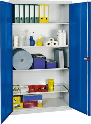 Produktbild von Werkzeugschrank mit 2 Türen | HxBxT 180x100x50cm | 4 verzinkte Fachböden | Lichtgrau/Enzianblau