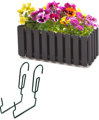 Image de Bac de balcon avec crochet Pot de fleur Clôture Anthracite L 38cm 6 L Pot de balcon Jardin Imitation clôture Aspect balustrade Plastique