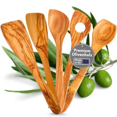 Produktbild von Kochlöffel Set Olivenholz 5-teilig - 3 Kochlöffel & 2 Pfannenwender - Kochbesteck Holz langlebig und antibakteriell