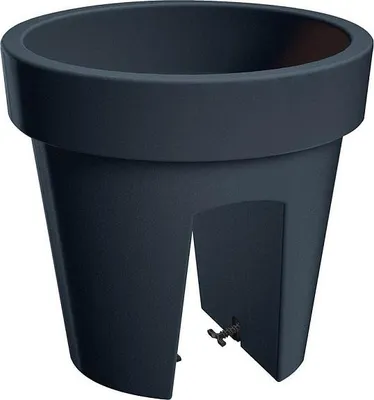 A dark gray planter pot with a wide rim and a split base, designed to hang on a railing. It has a small spigot at the bottom.