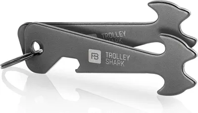 Produktbild von FABACH 2 x Trolley Shark Blacky Einkaufswagenlöser Schlüsselanhänger - Abziehbarer Einkaufswagenchip, Einkaufschip für Einkaufswagen aus Edelstahl/Metall - Kein Steckenbleiben im Pfandschloss