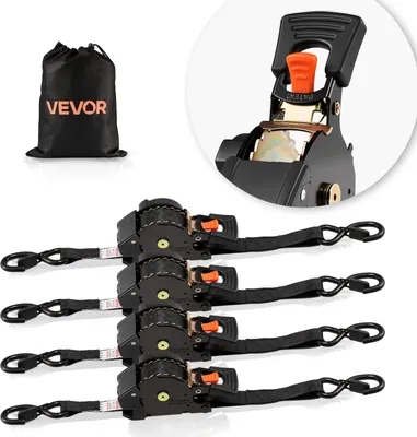 Produktbild von VEVOR Automatik Spanngurt, 25,4x4876,8 mm, Zurrgurte mit S-Haken, 700 kg Bruchlast, Tragetasche, einziehbare Ratschengurte für Umzüge, Anhänger, Motorräder, Kajaks, Autodächer, 4er-Pack