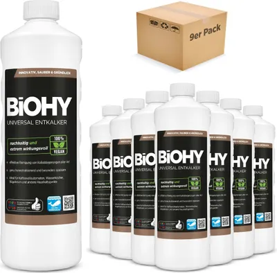 Produktbild von BiOHY Universal Entkalker, Entkalkungsmittel,  Kalklöser, Kalkreiniger – 9er Pack (9 x 1 Liter Flasche)