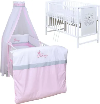 Produktbild von Baby-Delux Babybett Gitterbett Mia weiß 120×60 inkl. Matratze Bettwäsche Set 10tlg Princess