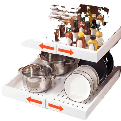 Produktbild von VEVOR Ausziehbarer Schrankorganisator, 2er-Pack erweiterbare Breite (310-480 mm), 520 mm tiefe Ausziehschubladen für Schränke, Schublade für Küchenschrankorganisator mit Nano-Klebestreifen, Schwarz