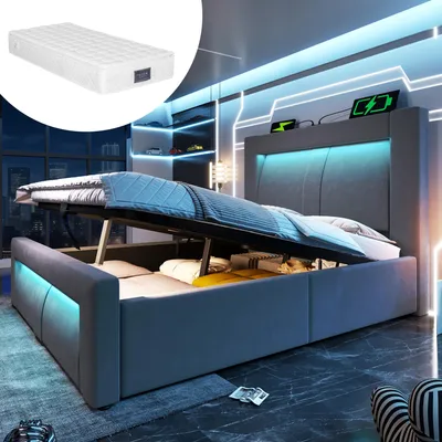 Produktbild von Einzelbett 90x200 cm mit Stauraum, hydraulisches Bett, LED-Beleuchtung mit App-Steuerung, USB- & Type-C-Ladeanschlüsse, Grau, mit Matratze