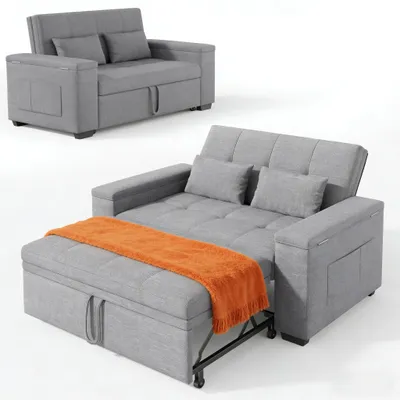 Image de Canapé-lit 2 places BEALIFE 157 x 72 x 84 cm | Fauteuil multifonctionnel 3 en 1 avec fonction inclinable et coussins | Pour salon et chambre d'amis | Gris | AR27