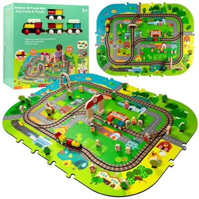 Image de Tapis en mousse 3D de luxe avec circuit électrique et rails - Ensemble Educational City 56 éléments 3W1