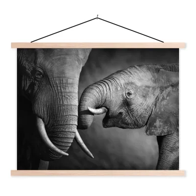 Produktbild von MuchoWow® Textilposter Wildtiere - Elefant - Schwarz - Weiß - Porträt 120x90 cm mit holzfarbenen Rahmen - Magnetisch