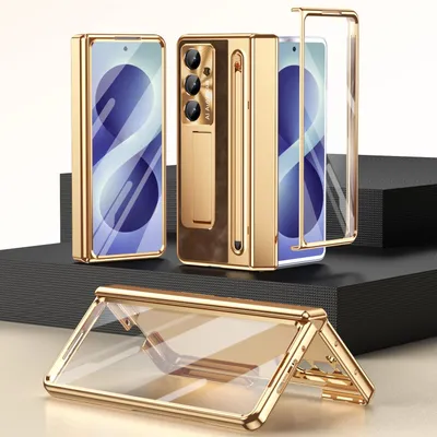 Obrázek produktu pro Pouzdro pro Samsung Galaxy Z Fold 8 Ultra s držákem na pero a stylusem, galvanizovaný kryt se stojánkem, vestavěná ochrana displeje a kamery Hnědý
