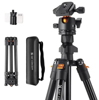 Immagine prodotto di Treppiede per fotocamera da 163 cm con supporto per telefono, realizzato in alluminio leggero e dotato di testa sferica a 360°