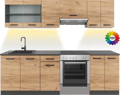 Obrázek produktu pro Kuchyňská linka Vicco Raul Zlatý dub power/antracit 240 cm s pracovní deskou s páskem LED, Model 51931