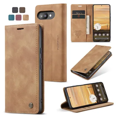A collage of images showing a brown leather flip phone case for a Google Pixel phone, with different angles and color options displayed.