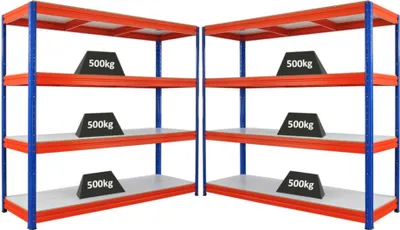 Produktbild von Mega Deal | 2x Schwerlastregal DINO | HxBxT 180x200x60cm | 4 Melamin-Ebenen 16mm | Fachlast 500kg | Blau/Orange