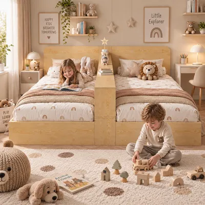 Productafbeelding van Kinderbed voor twee kinderen, elk 90 x 200 cm, met een middenwand en opbergvakken, gemaakt van beuken en MDF, naturel kleur