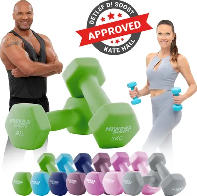 Produktbild von Miweba Sports Profi Neopren Hantel NKH100 | Hantelset - Kurzhanteln - Hexagon - Home Workout - Krafttraining - Anti Rutsch Oberfläche (Grün 2x 3,0 Kg)