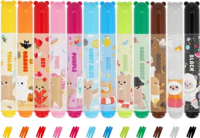 A collection of 12 colorful markers with bear-themed designs, arranged in a row against a white background.