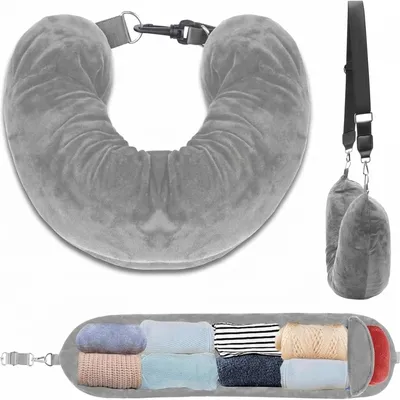 Imagen del producto de Almohada para el cuello en forma de U, inflable, con correas ajustables, de color gris, ideal para viajes