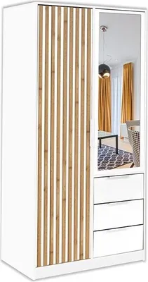 Produktbild von BETTSO Kleiderschrank mit Dekorativen Lamellen mit 3 Schubladen und Kleiderstange BALL LUX Weiß+Eiche Wotan