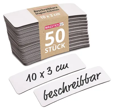 Imagen del producto de 50 etiquetas magnéticas reutilizables MAGSTICK. Etiqueta para almacenamiento. Modelo: mag_815. Dimensiones: 10 x 3 cm. Color: blanco. Película magnética para etiquetas, reutilizable. Tiras magnéticas