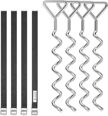 Produktbild von Famanu Verankerungen für Trampoline - Spiraalanker Set - 4 Heringen - 4 Riemen - Silber und Schwarz